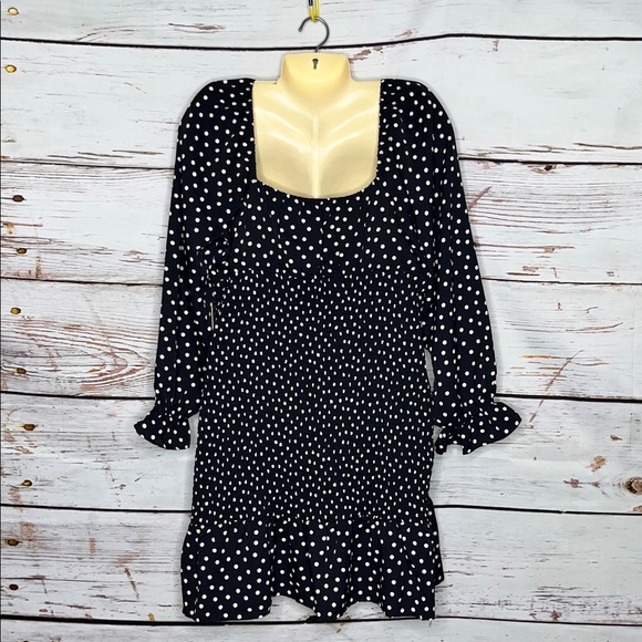 Express NWT Size XL Black & Ivory Polka Dot Smock Elastic Ruffle Hemline Dress - Picture 3 of 4